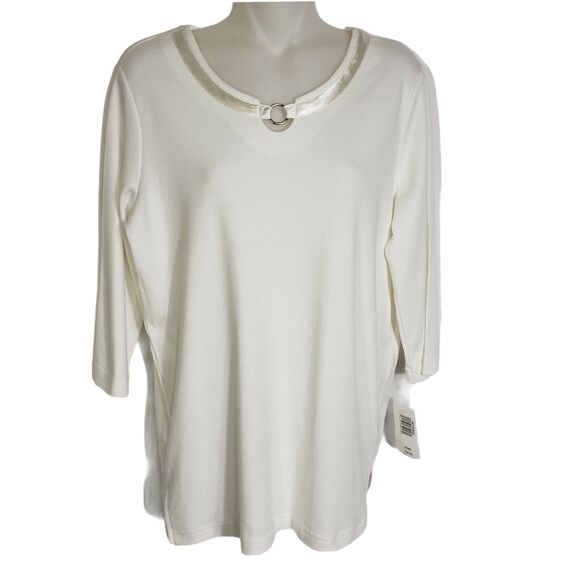 BonWorth Womens Top Size XS 3/4 Sleeve Ivory Knit Round Neck Satin Detail - Picture 1 of 11